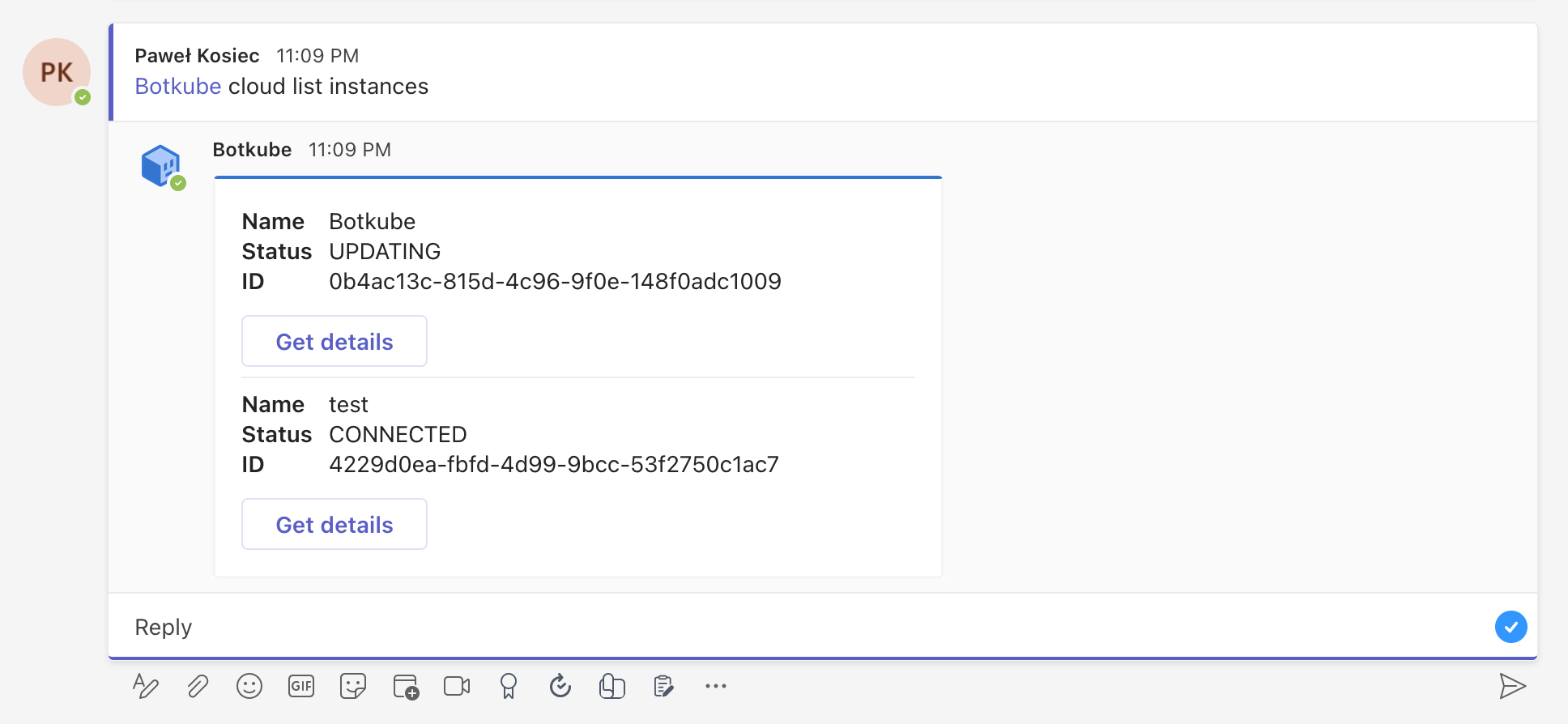 Botkube Cloud Microsoft Teams List Instances